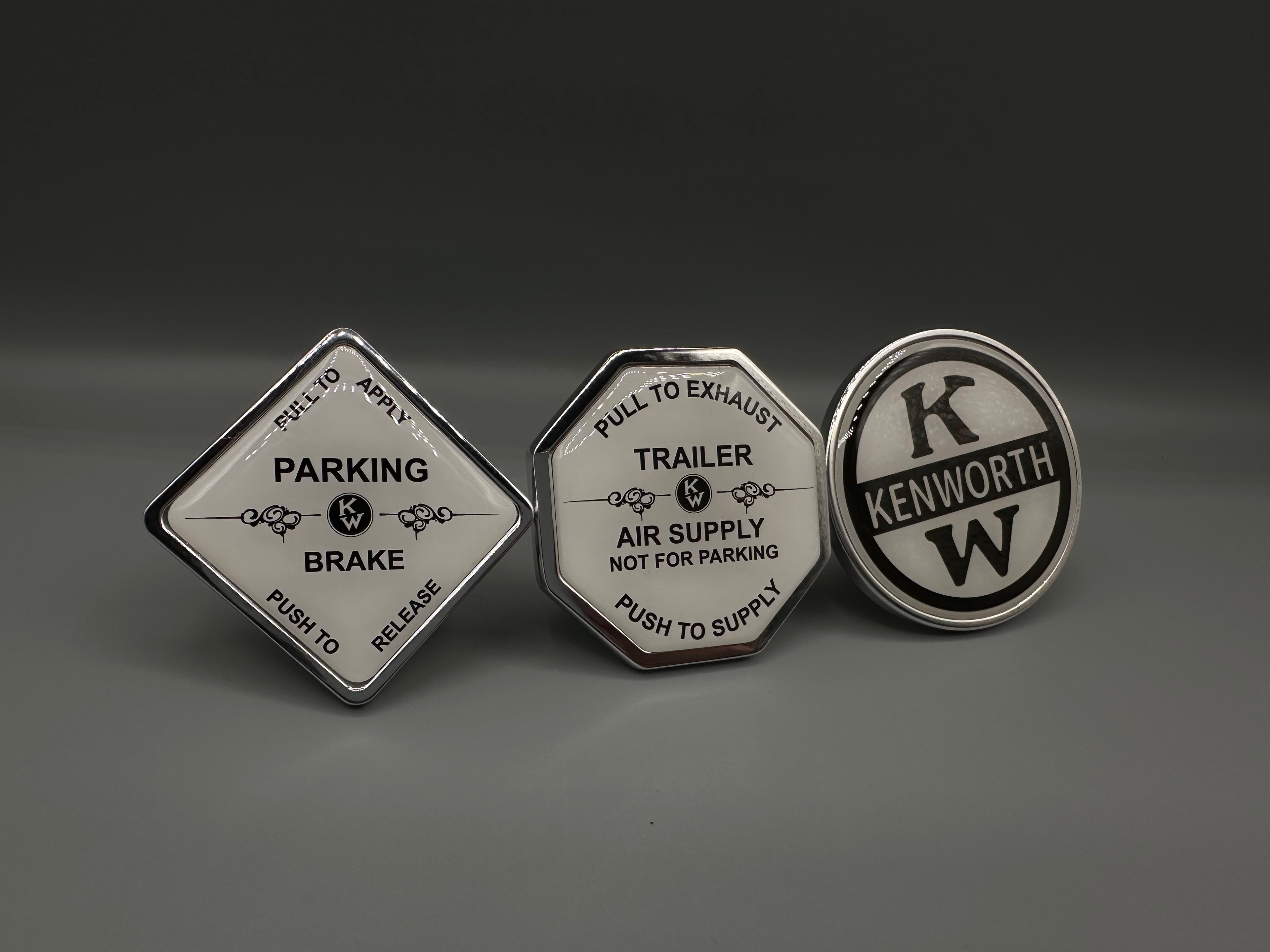 Scrolled White Crooked Kenworth Set with Crooked KW Button (3 pieces)