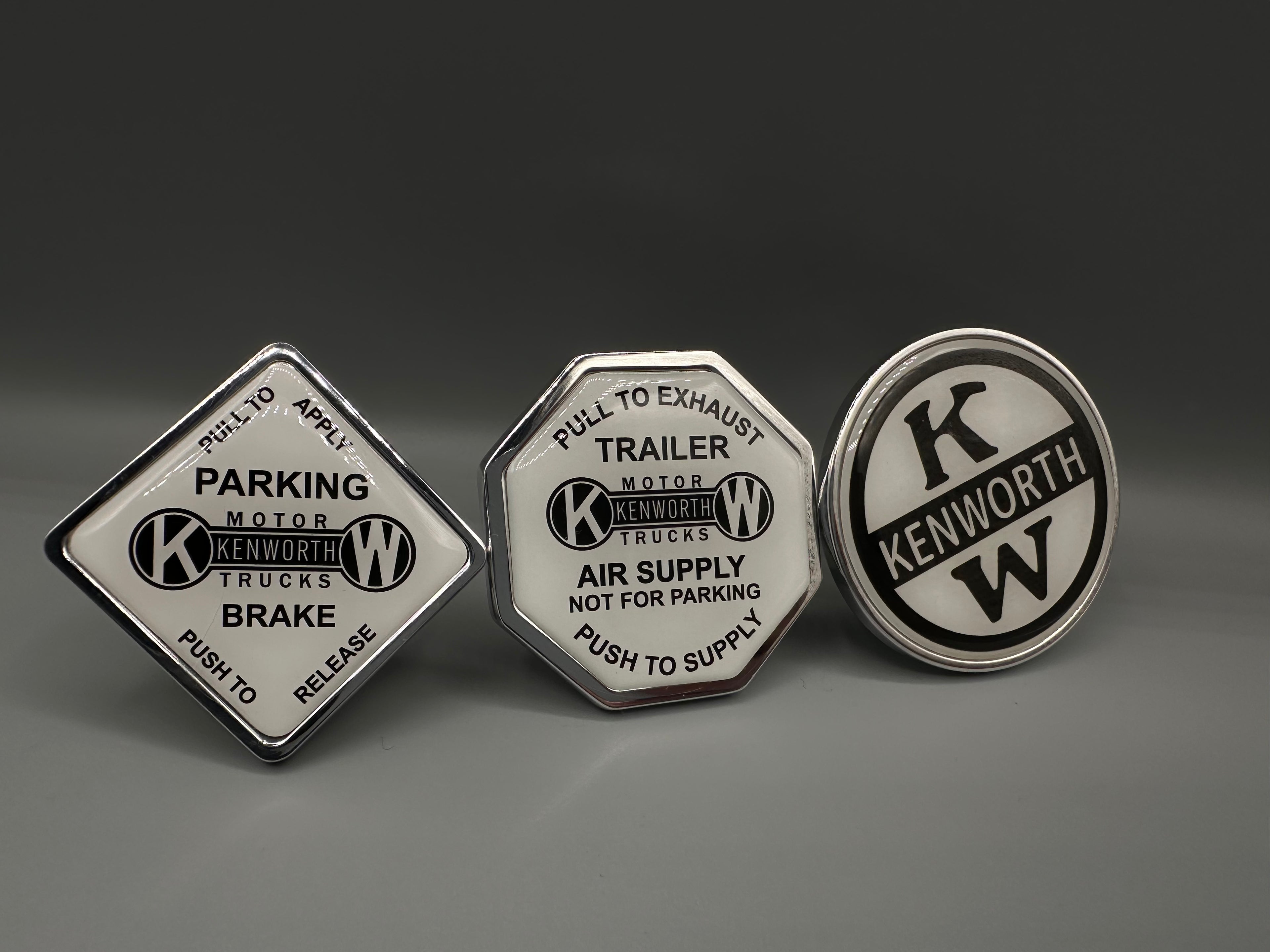 White Kenworth Motors Set with Crooked KW logo Button (3 pieces)