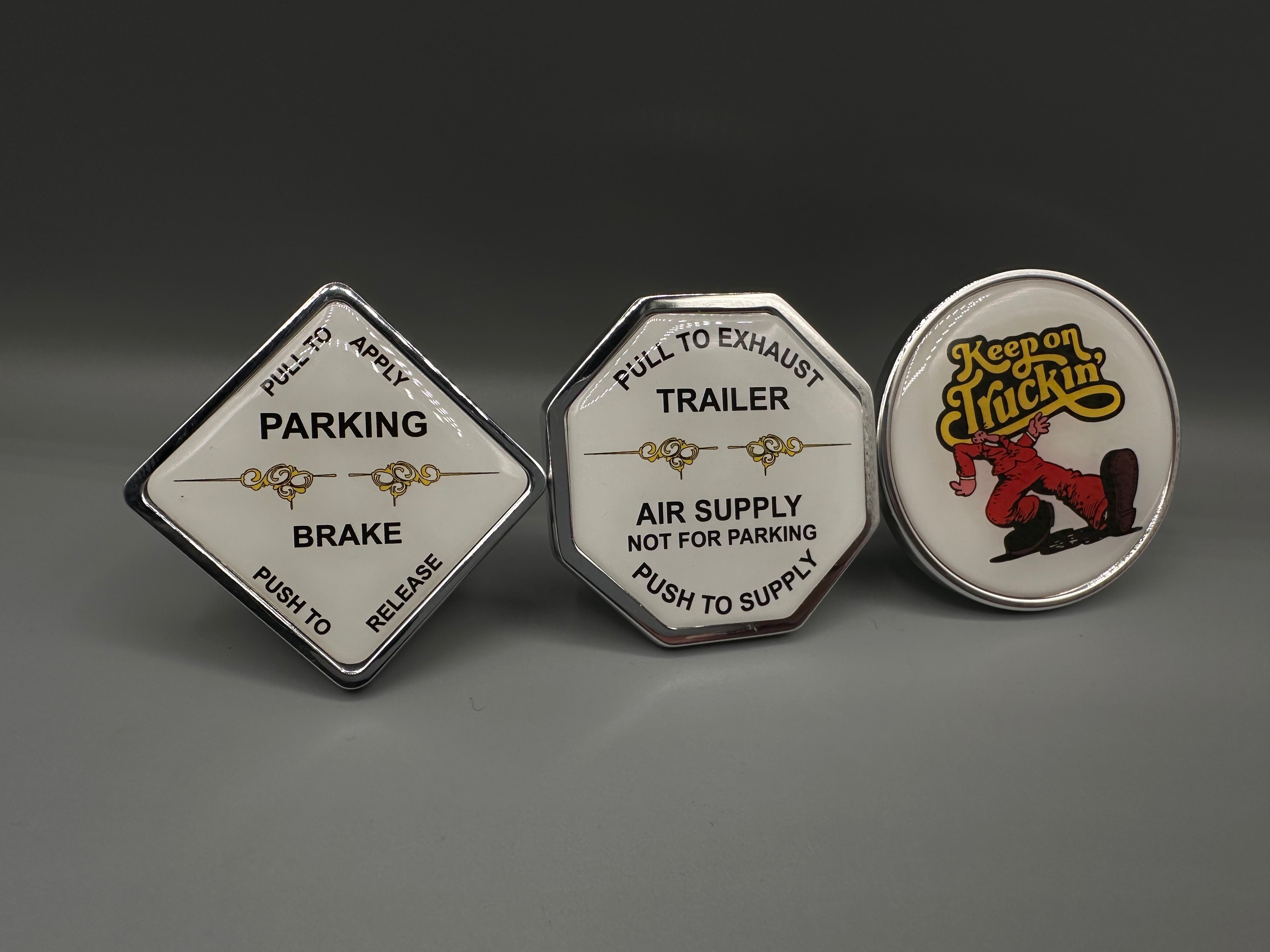 White Scrolled Maxi Knob Set with Keep On Trucking Logo Button (3 pieces)