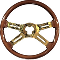 4 Spoke Steering Wheel with Mahogany Wood Design with Gold Spokes