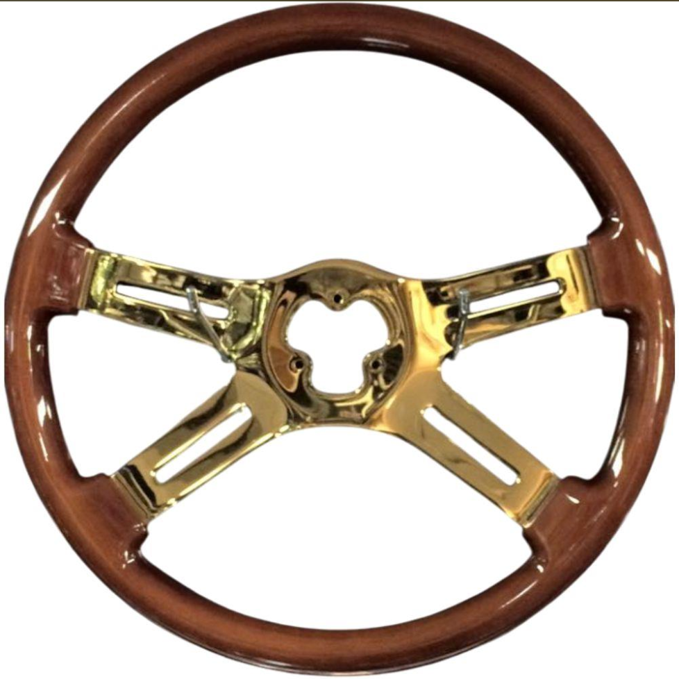 4 Spoke Steering Wheel with Mahogany Wood Design with Gold Spokes