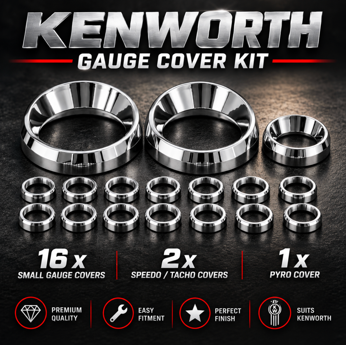 Kenworth Gauge Cover Kit - Chrome